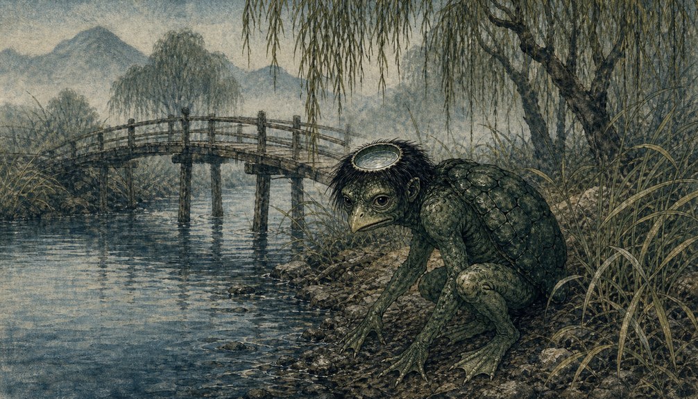 Traditional kappa water yokai beside a Japanese river