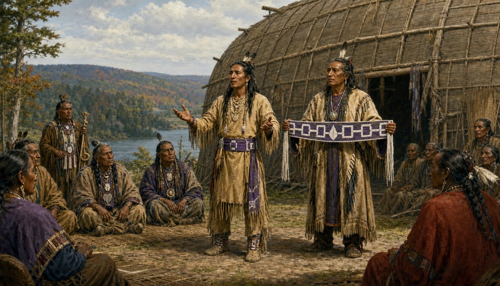 Haudenosaunee council with a wampum belt near a longhouse