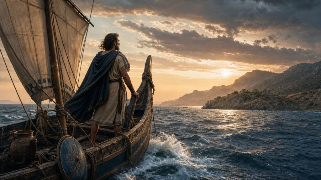 Odysseus sailing toward Ithaca after the Trojan War