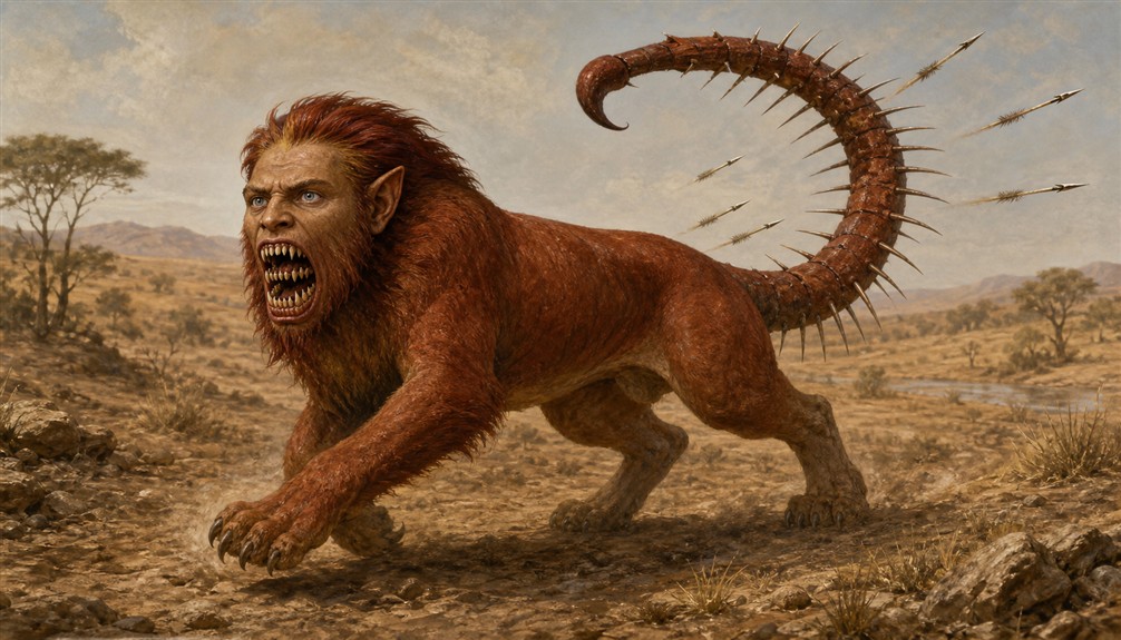 Manticore with a human face, lion body, and spine-covered tail