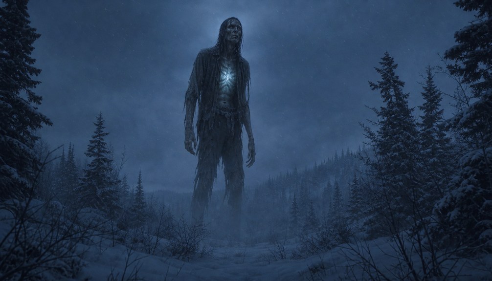 Gaunt humanlike Windigo figure in a northern winter forest