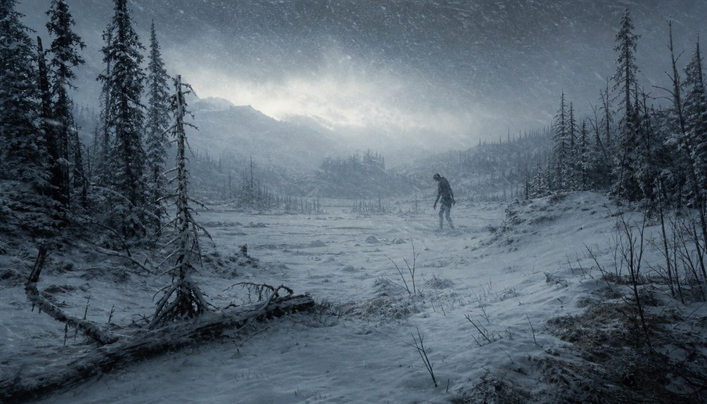 A distant gaunt figure crossing a winter forest landscape