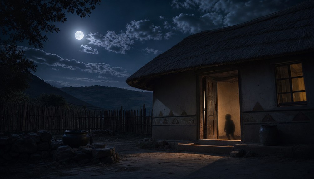 A shadowy tokoloshe near a Southern African homestead at night