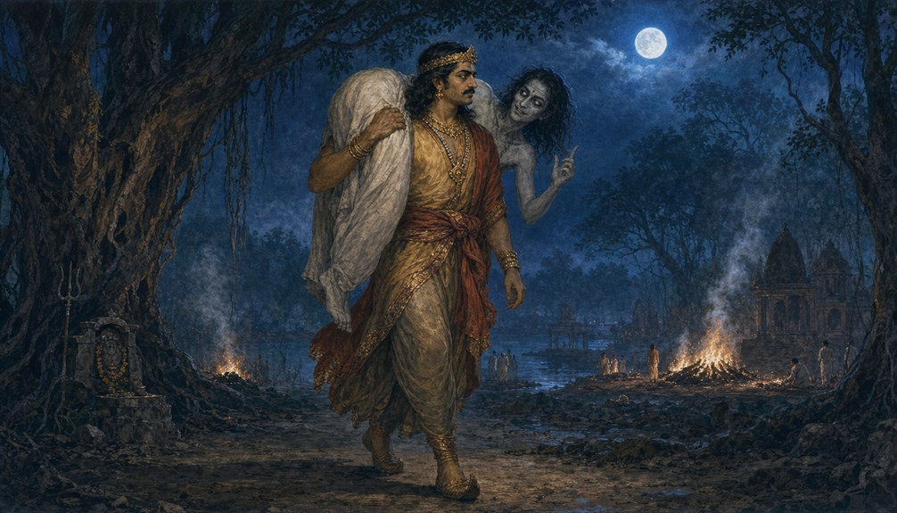 Vikramaditya carrying a vetala through a moonlit forest