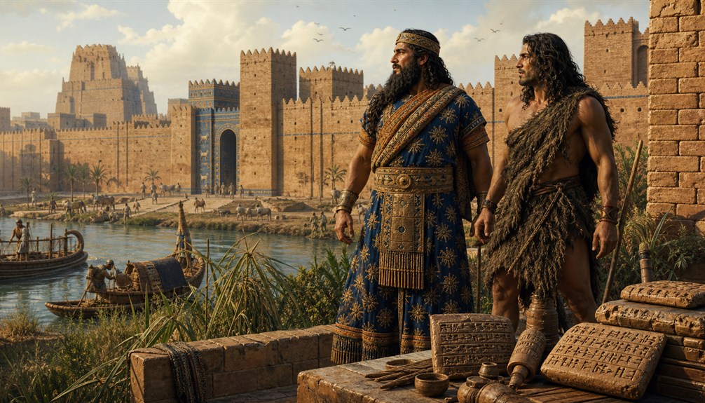 Gilgamesh and Enkidu standing before the walls of ancient Uruk