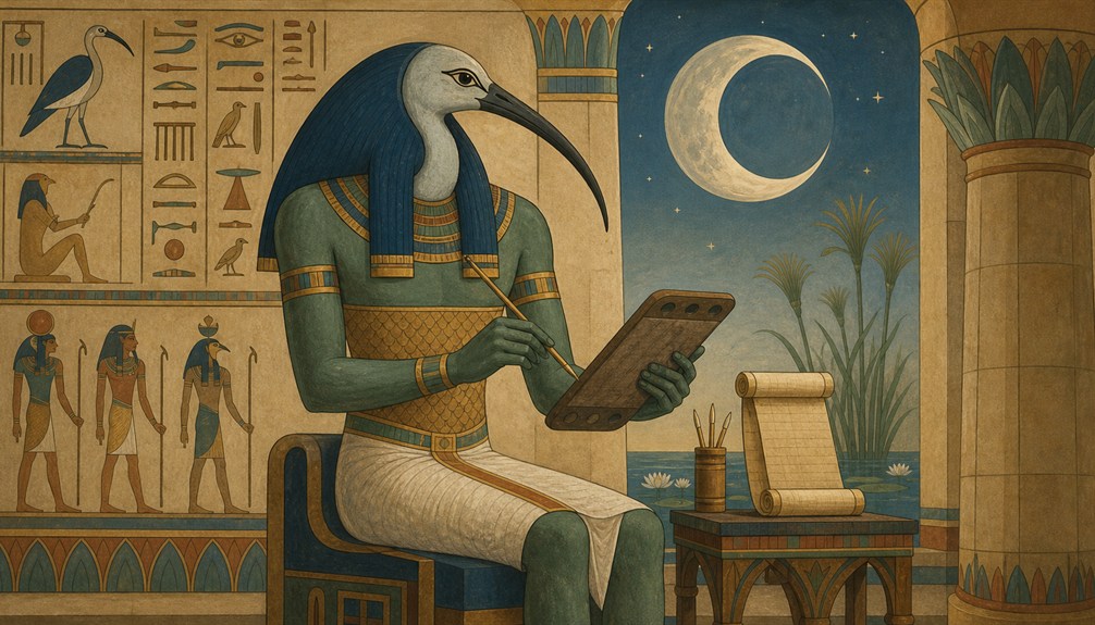 Ibis-headed Thoth writing with a scribal palette beneath the moon