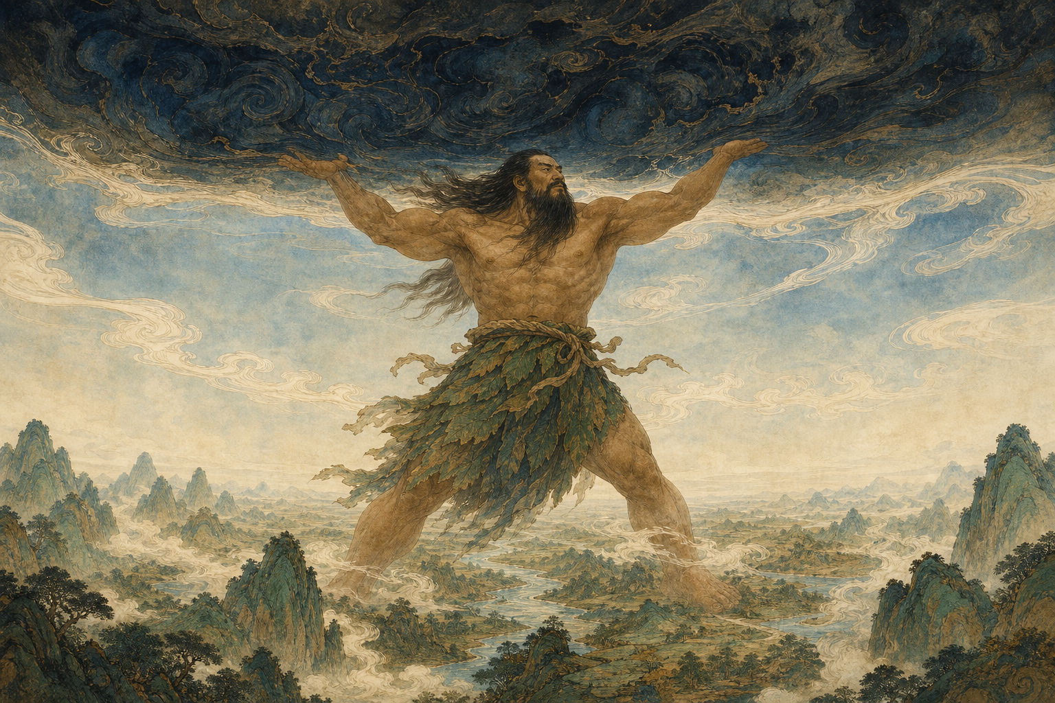 Pangu standing between the rising sky and forming earth in a classical Chinese-inspired creation scene