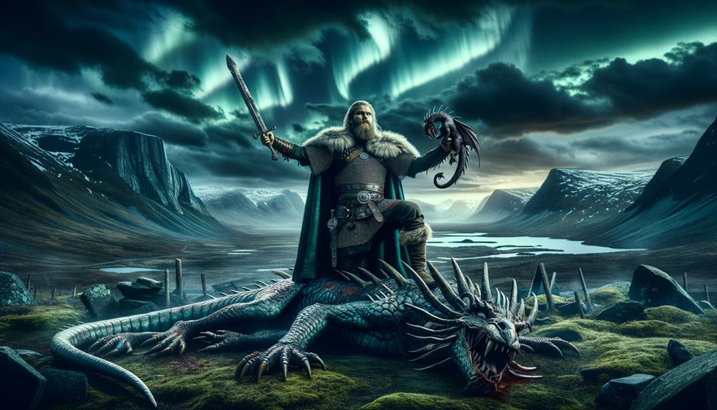 viking hero defeats dragon