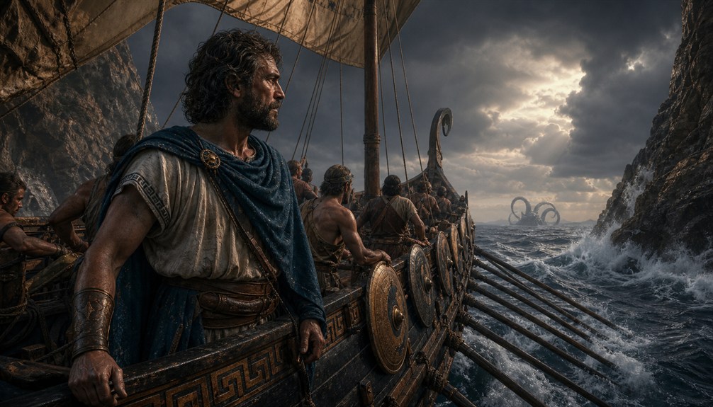 Odysseus aboard a Greek ship navigating a dangerous strait