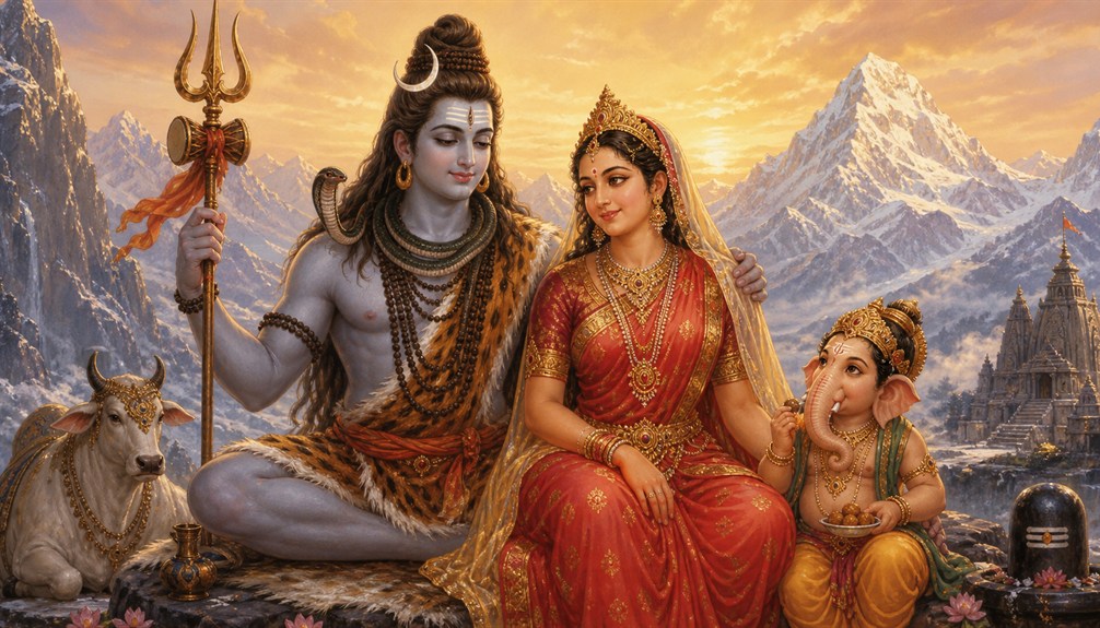 Parvati seated with Shiva and Ganesha on Mount Kailash