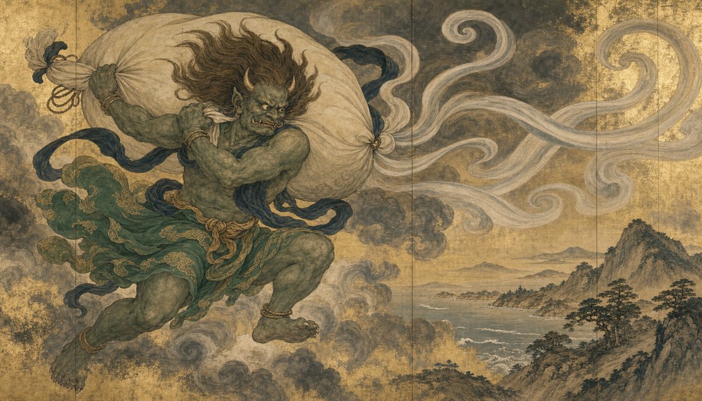 Fujin carrying a great wind bag through storm clouds
