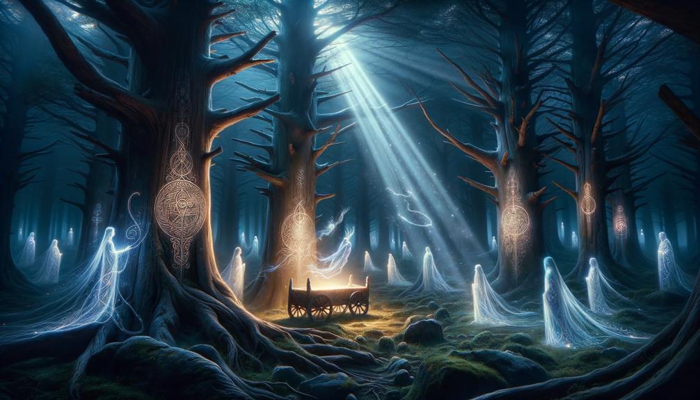 A mystical forest scene reminiscent of Finn MacCool's tales, with light beams casting an ethereal glow on ghostly figures among the trees.