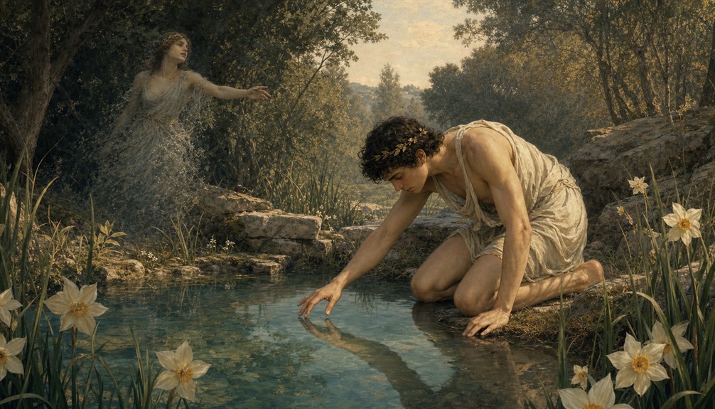 Echo reaches toward Narcissus as he studies his reflection in a woodland spring