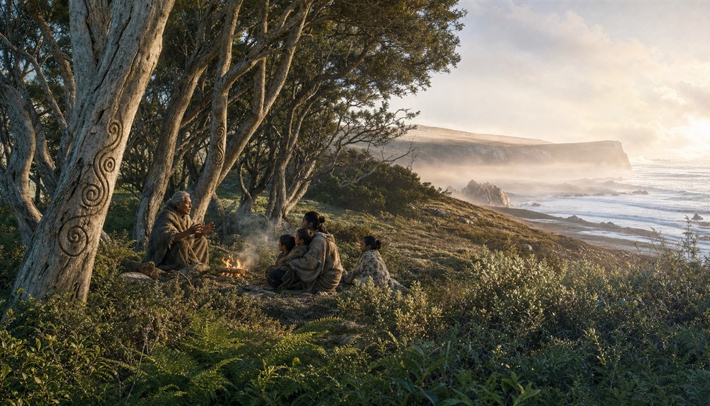 Moriori family listening to an ancestral story beside kopi trees on the coast of Rekohu