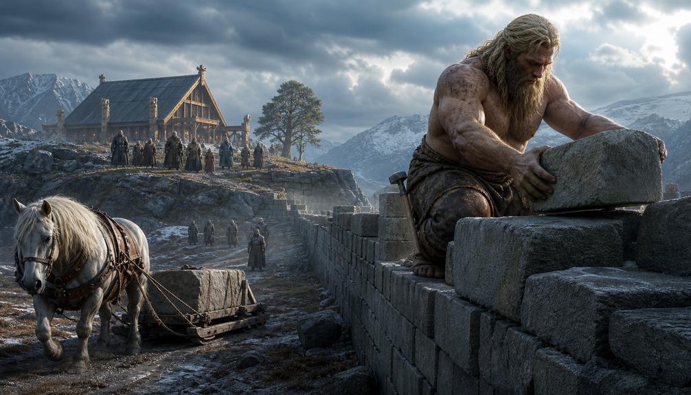 Giant mason builds Asgard's wall while Svadilfari hauls stone