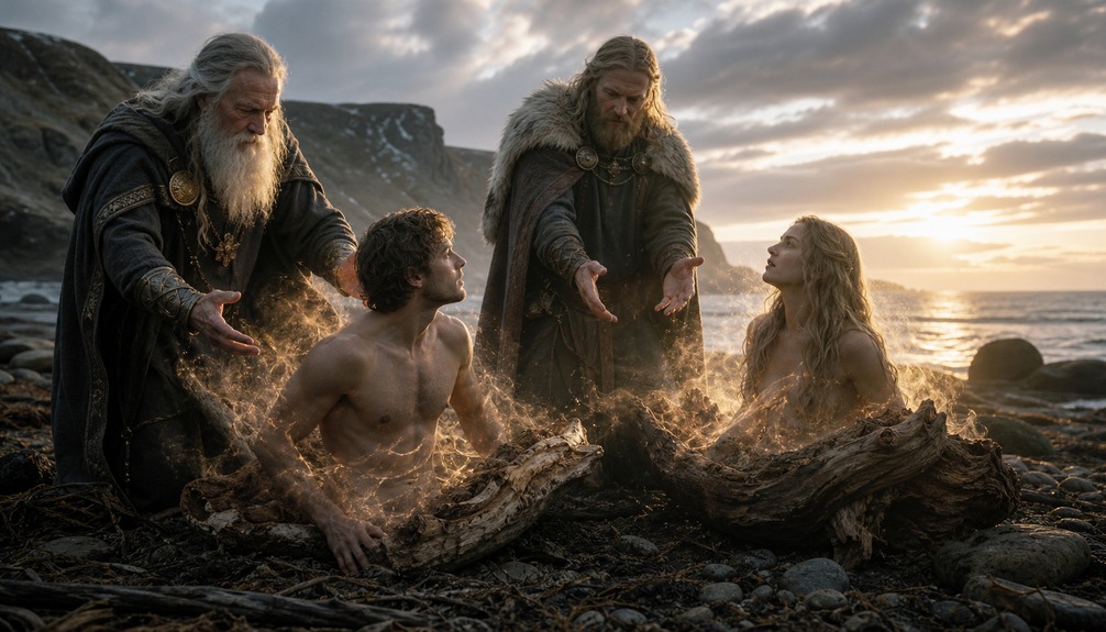 Three Norse gods give life to Ask and Embla on a seashore