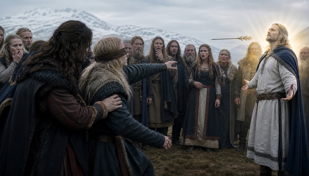 Blind Hodr casts mistletoe toward Baldr as Loki guides him
