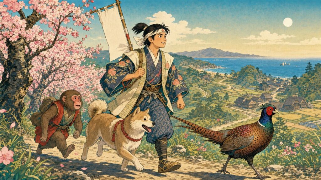 Momotaro traveling with a dog, monkey, and pheasant