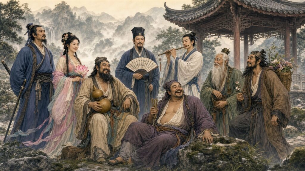 The Eight Immortals gathered beside a mountain pavilion