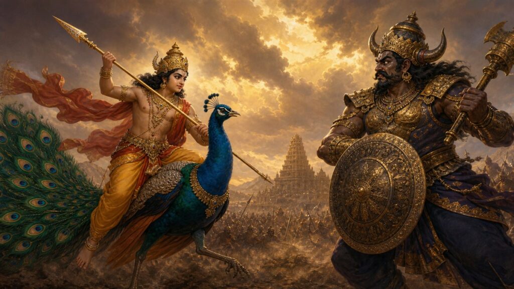 Skanda with the vel spear and peacock confronting Taraka