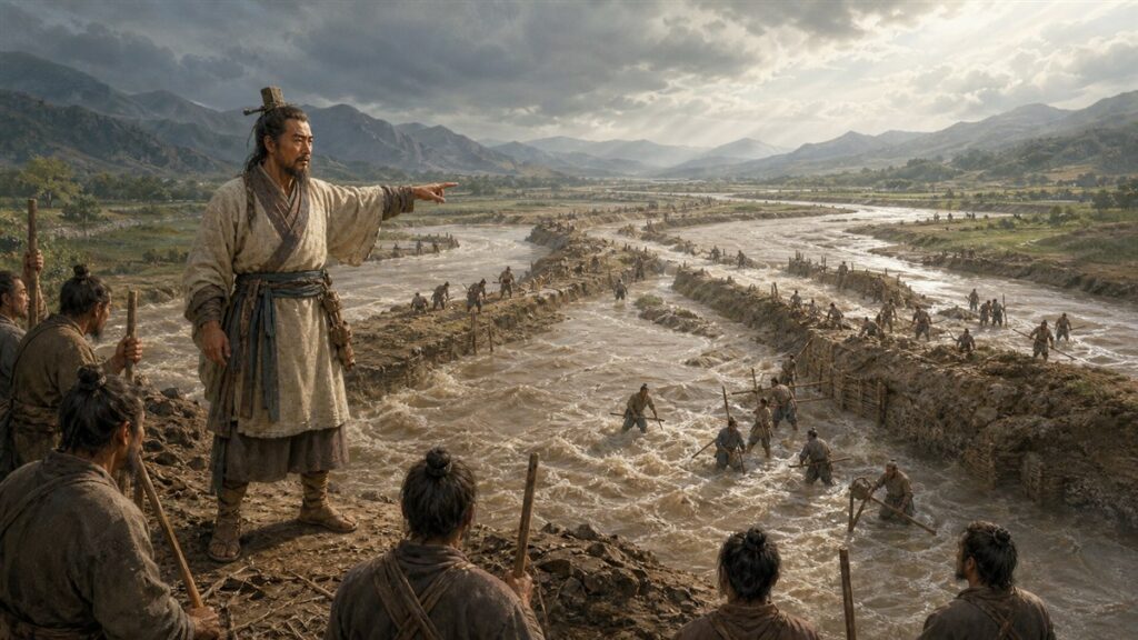 Yu the Great directing flood control channels in an ancient Chinese river valley