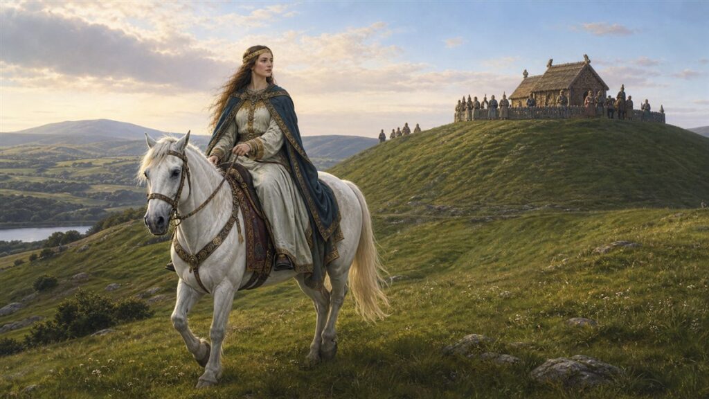 Rhiannon riding a white horse near an ancient Welsh court mound