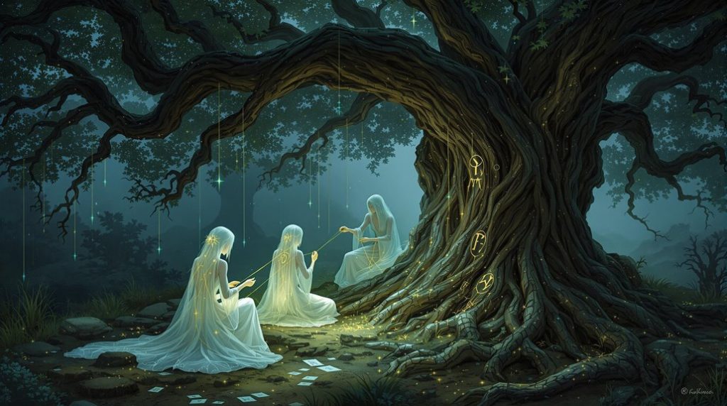 norns weaving destiny under world tree