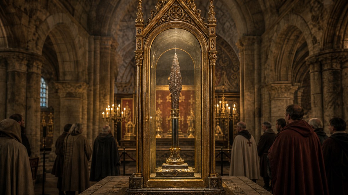 A lance head displayed in a medieval Christian reliquary