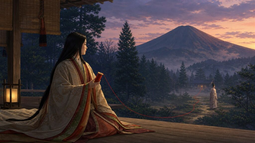 Ikutamayorihime holding a red thread in the Mount Miwa story