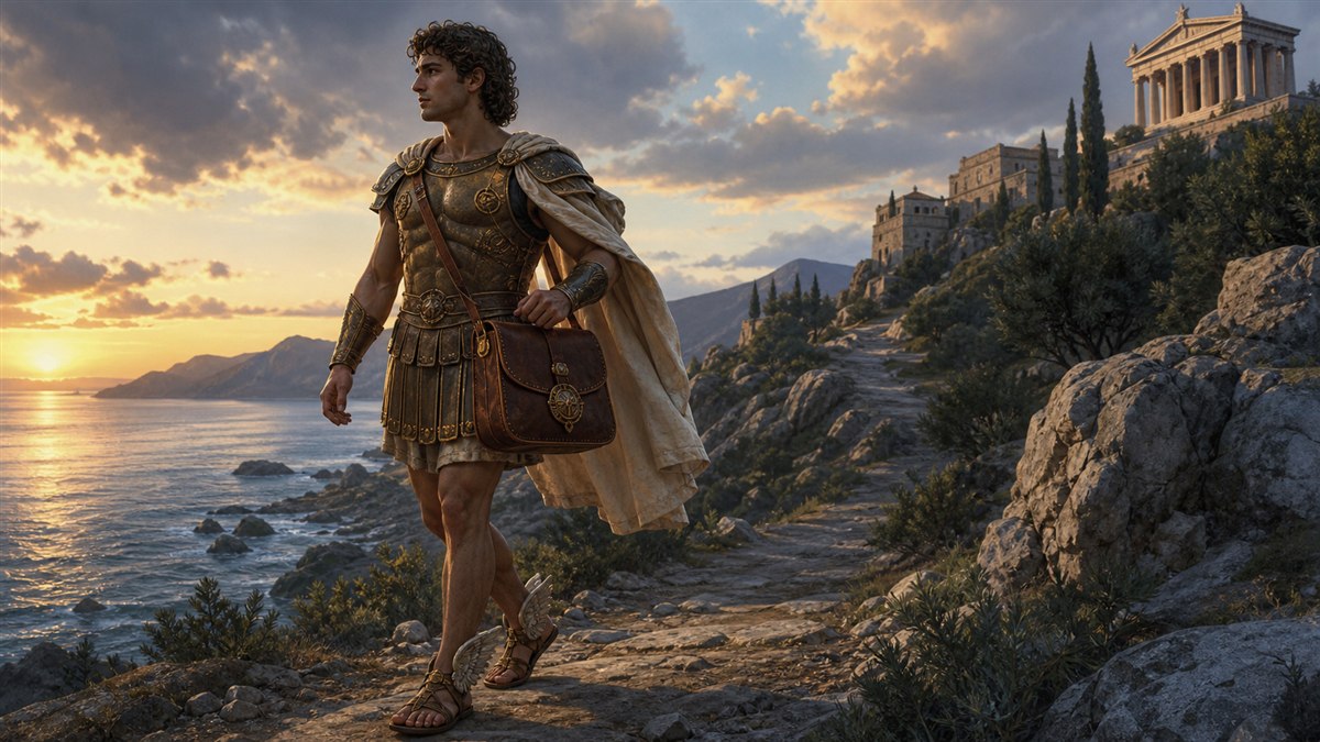 Perseus carrying the closed kibisis bag after meeting Medusa