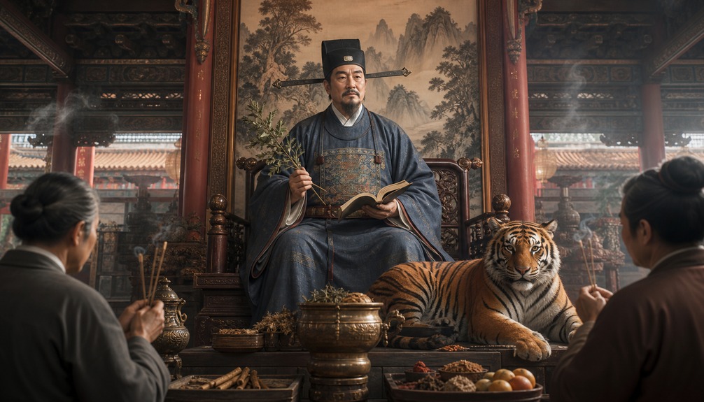 Baosheng Dadi with healing herbs a medical text and tiger guardian