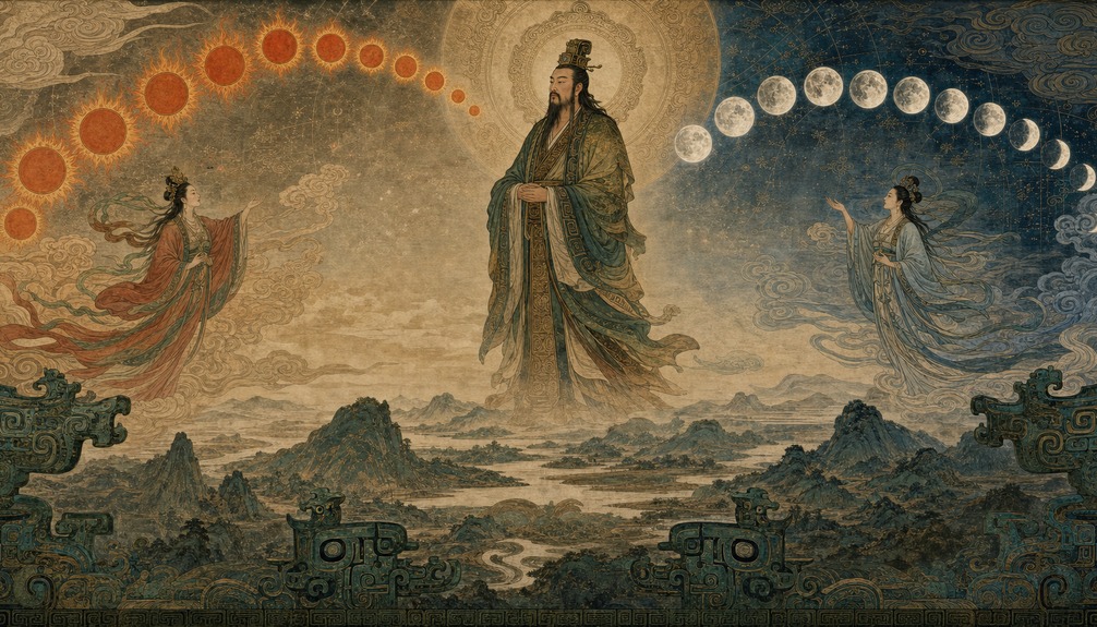 Di Jun between the ten suns and twelve moons with Xihe and Changxi