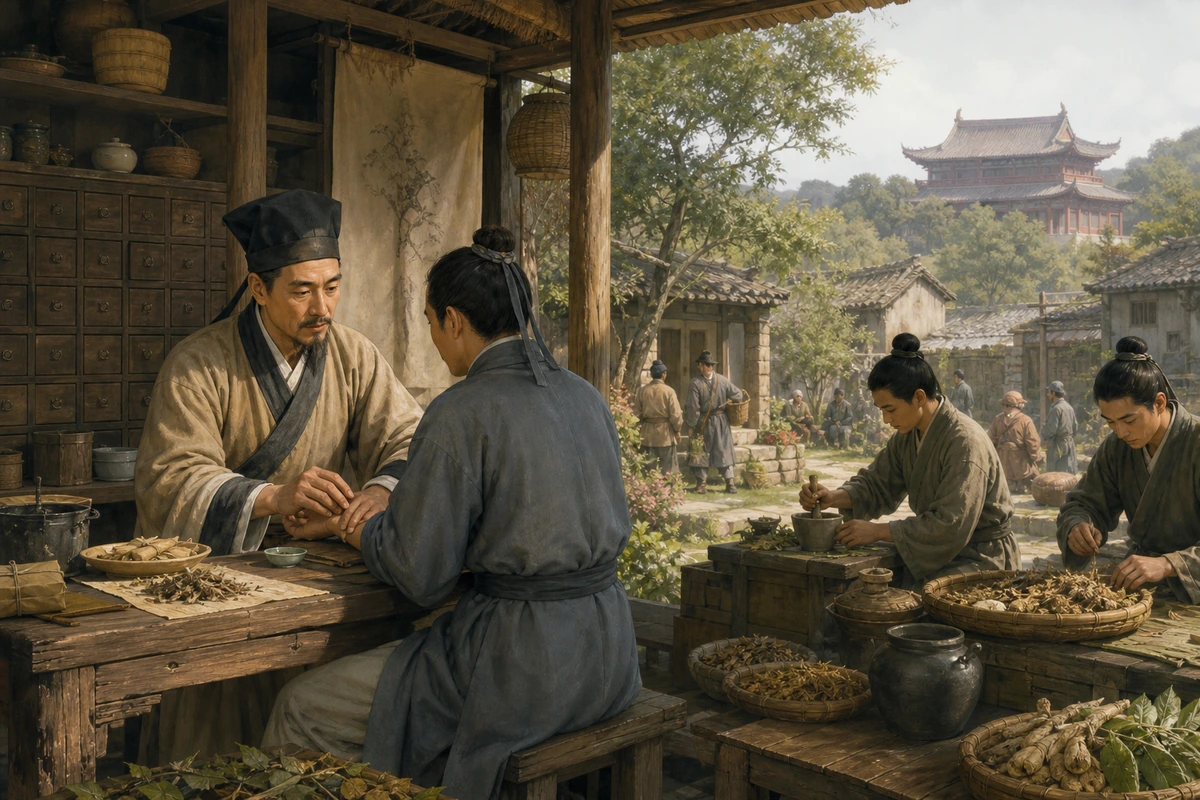 An interpretive illustration of a Song-era healer examining a patient while assistants prepare herbs
