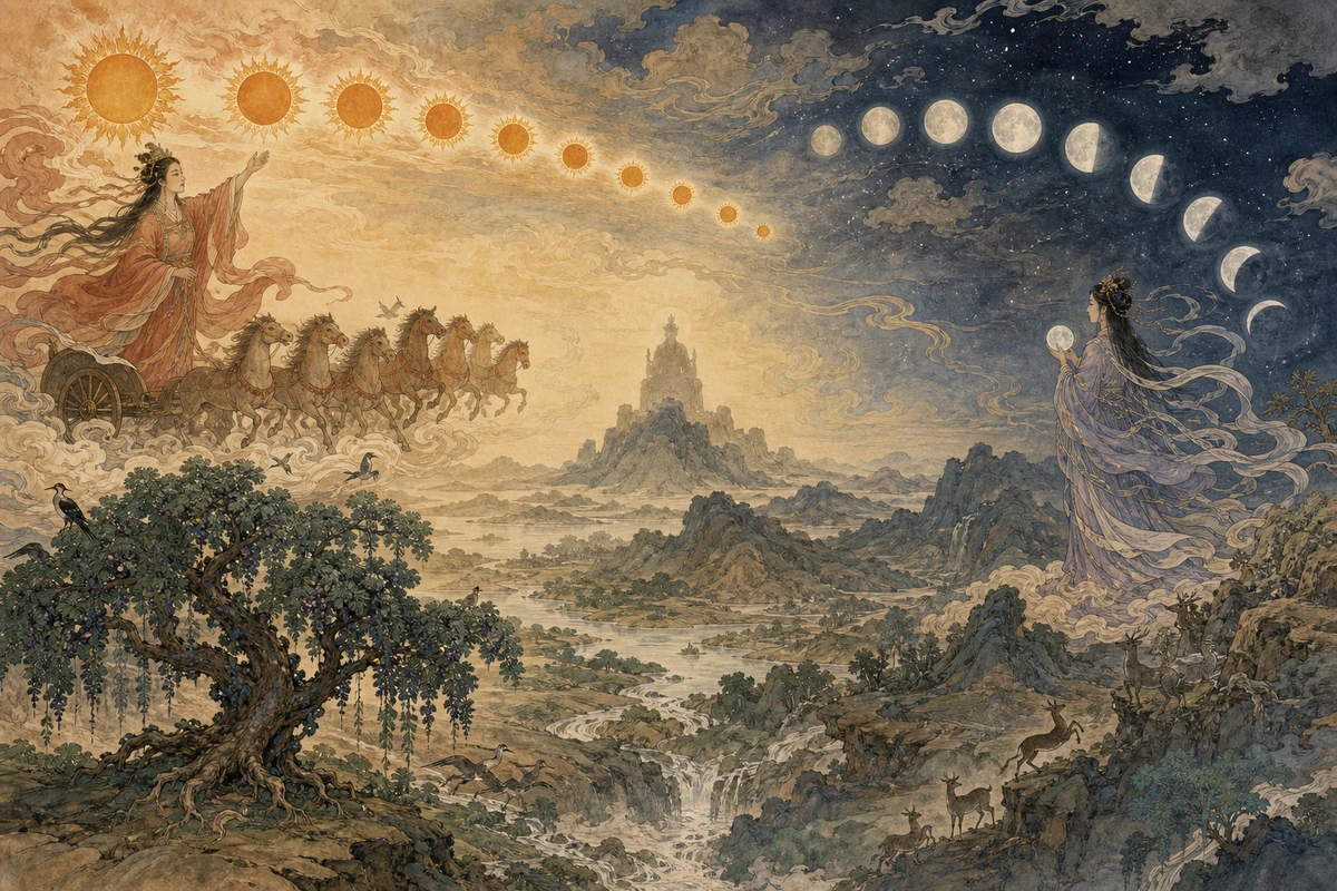 Editorial panorama inspired by the Classic of Mountains and Seas with ten suns, twelve moons, Xihe, and Changxi