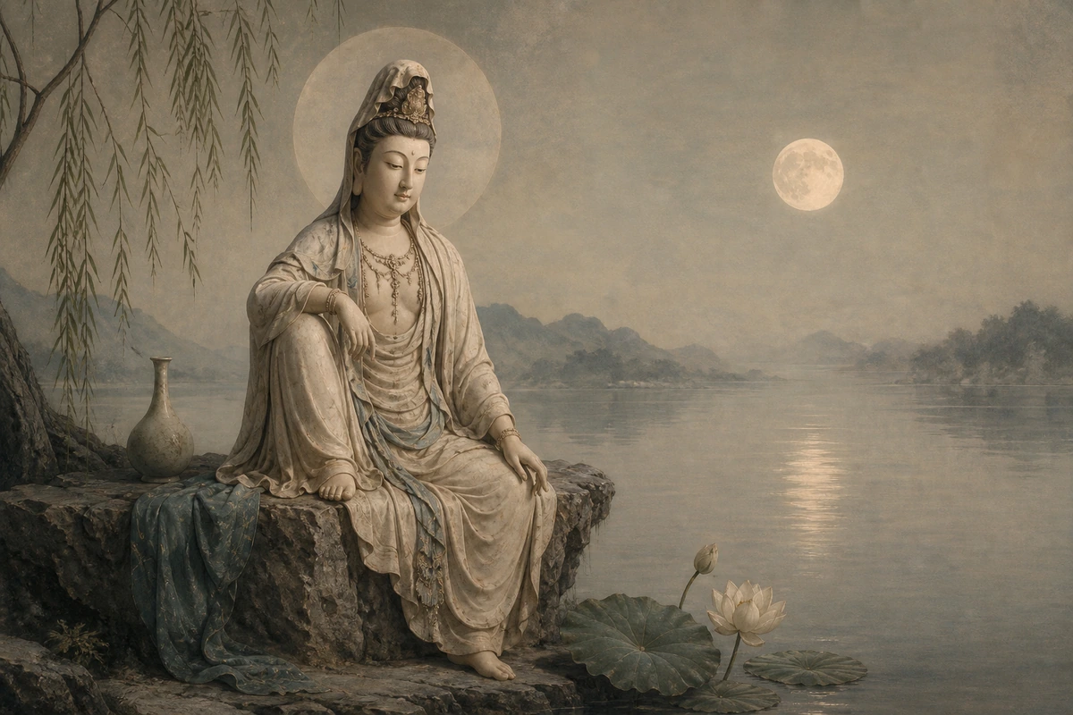 An interpretive Water-Moon image of Guanyin seated above calm water with a vase and lotus