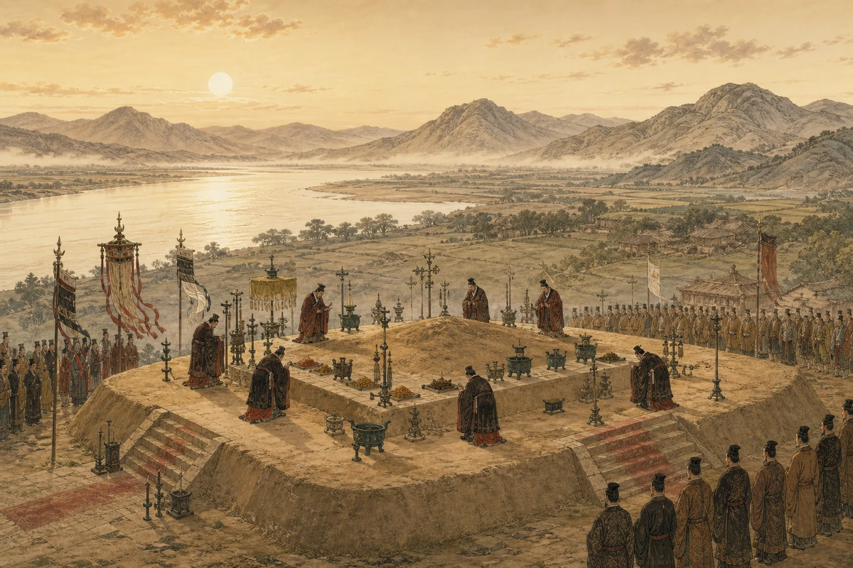 An interpretive illustration of an imperial earth altar ceremony beside the Yellow River