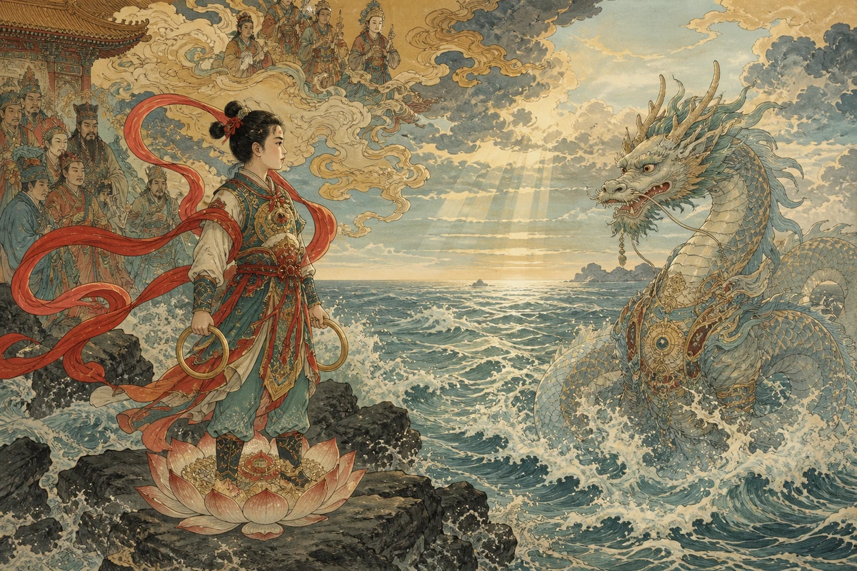 An interpretive illustration of lotus-born Nezha facing a sea dragon across the waves