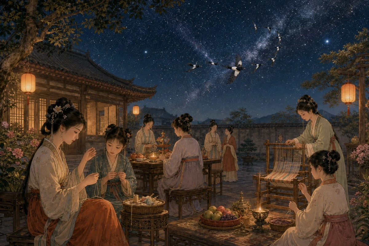 An interpretive illustration of women practicing needlework and weaving beneath the Qixi night sky