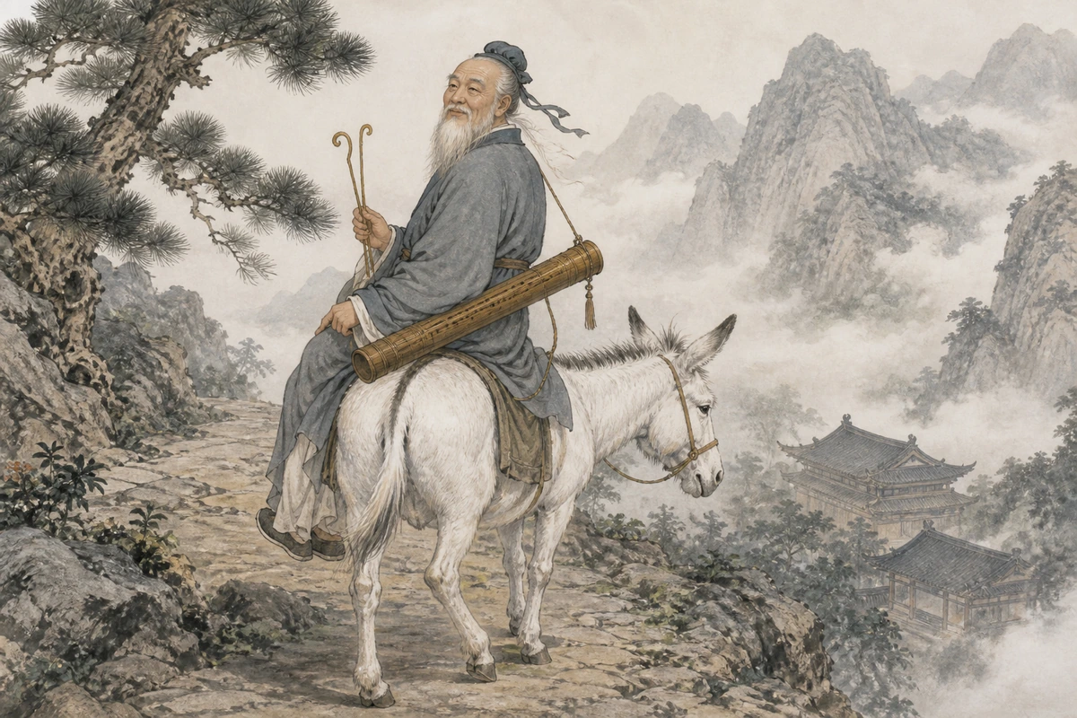Editorial illustration of Zhang Guolao riding backward on a white donkey with a bamboo tube drum