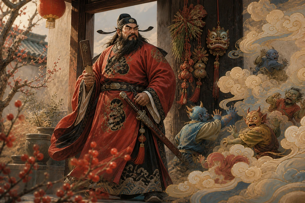 An interpretive illustration of Zhong Kui guarding a household gate as stylized demons retreat